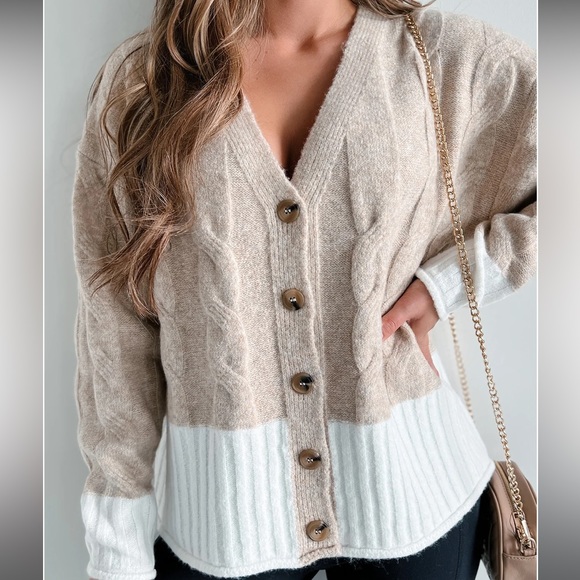 Anything Is Possible Mixed Knit Colorblock Cardigan (Taupe/White) - Picture 3 of 5